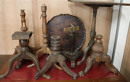 Six 19th century table/screen bases, tea table and table top (8)